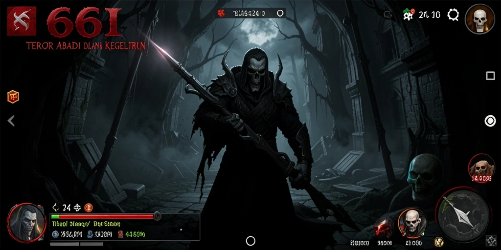 Screenshot utama 666I menunjukkan karakter dalam situasi menegangkan dengan suasana gelap.