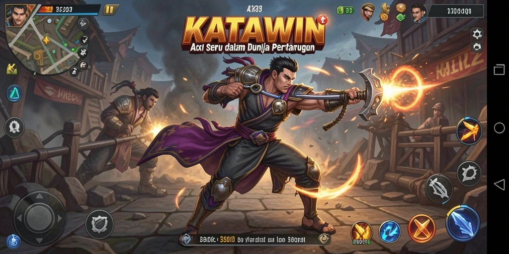 Tampilan gameplay KATAWIN dengan aksi seru dan karakter beragam.