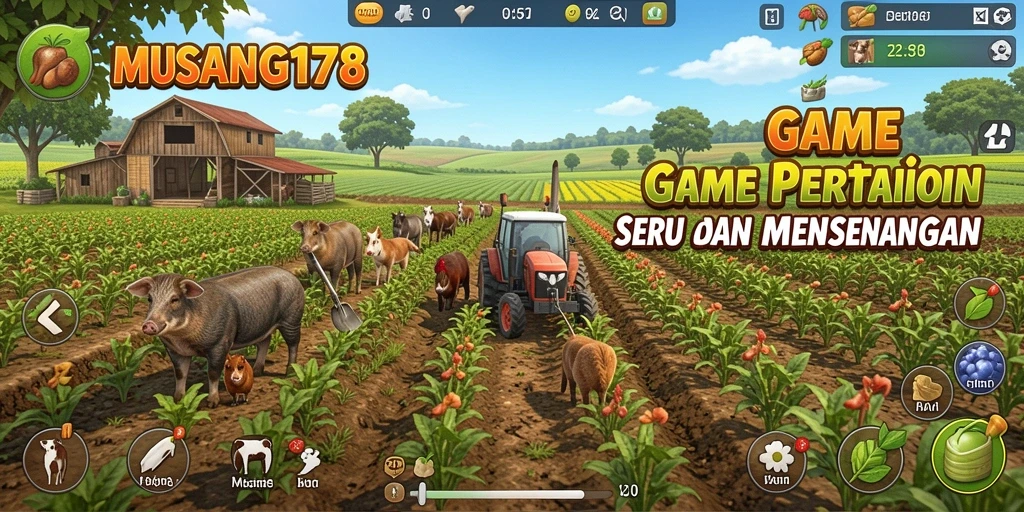Tampilan gameplay MUSANG178 yang menampilkan kebun yang subur dan hewan ternak.