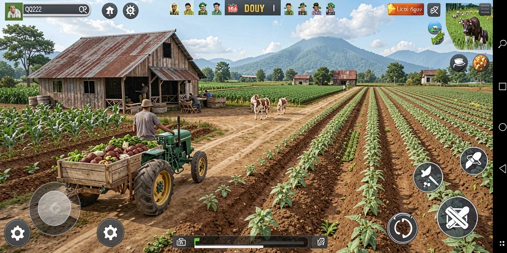 Screenshot gameplay QQ222 menampilkan kebun yang luas dengan tanaman subur.