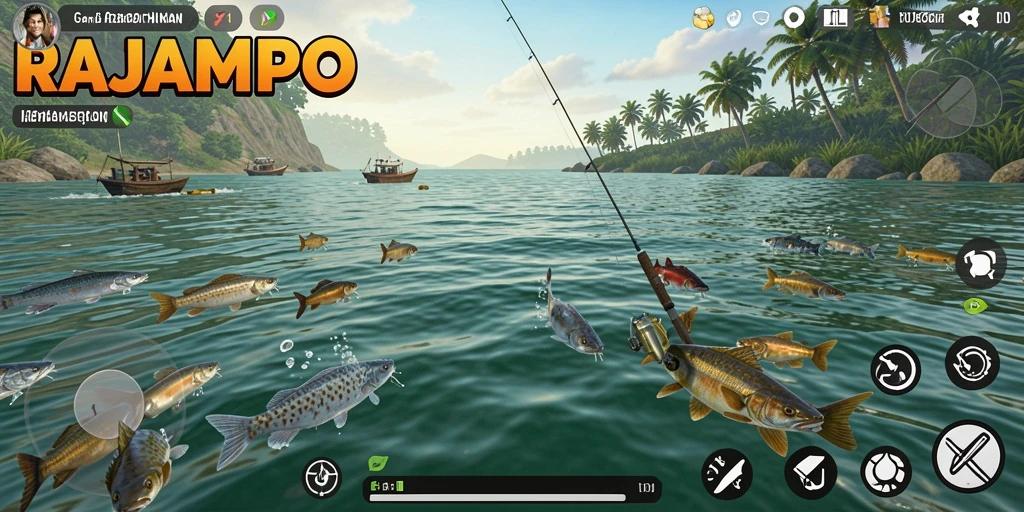 Screenshot gameplay RAJAMPO menampilkan pengalaman memancing yang seru.