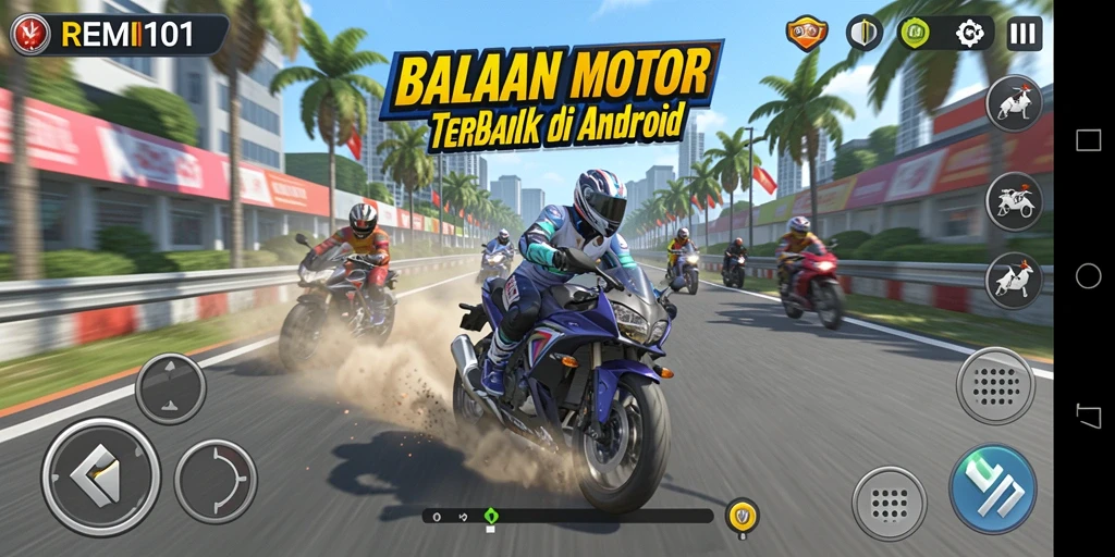 Screenshot dari gameplay REMI101 yang menampilkan aksi balapan motor yang mendebarkan.