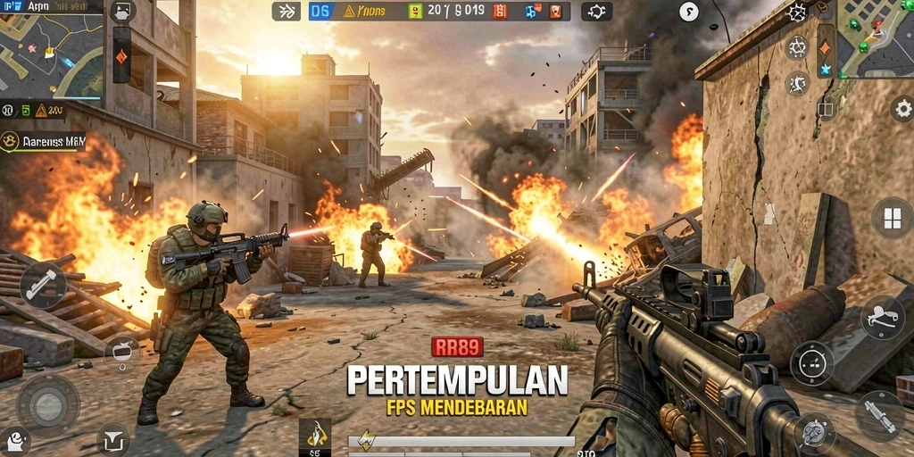 Screenshot gameplay RR89 yang menunjukkan aksi pertempuran intens.