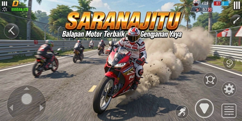 Screenshot SARANAJITU menampilkan aksi balapan motor yang mendebarkan.