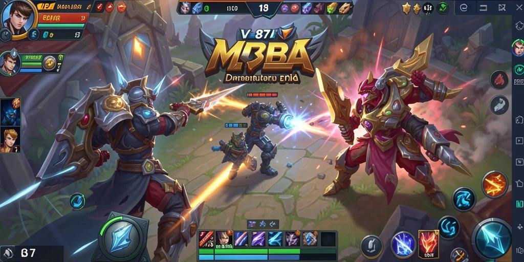 Screenshot menunjukkan aksi intens di arena V87 dengan karakter beragam.